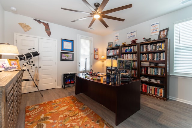 397 Woodgate Way, Summerville, SC 29485 - home office featuring baseboards, a ceiling fan, visible vents, and wood finished floors