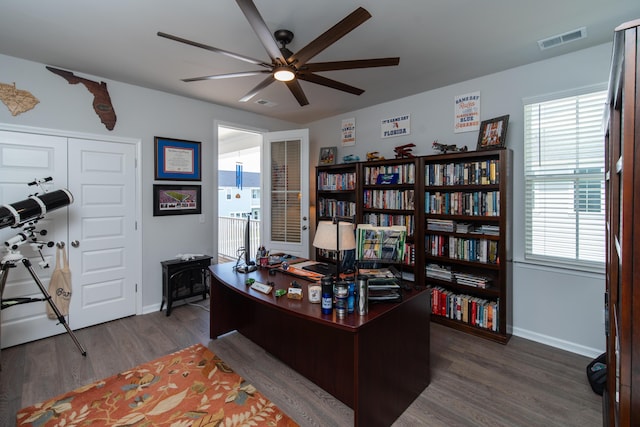397 Woodgate Way, Summerville, SC 29485 - office space featuring a ceiling fan, baseboards, visible vents, and dark wood-style floors