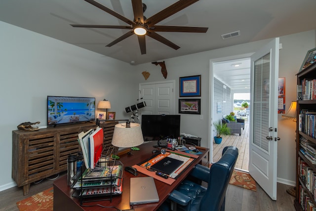 397 Woodgate Way, Summerville, SC 29485 - office space with a ceiling fan, baseboards, visible vents, and wood finished floors