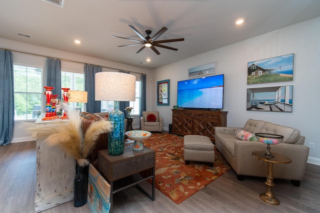 397 Woodgate Way, Summerville, SC 29485 - living area featuring a ceiling fan, recessed lighting, baseboards, visible vents, and wood finished floors