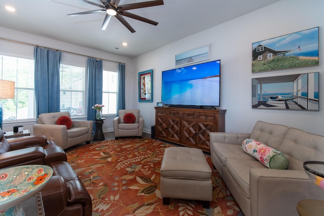 397 Woodgate Way, Summerville, SC 29485 - living area with baseboards, a ceiling fan, and recessed lighting