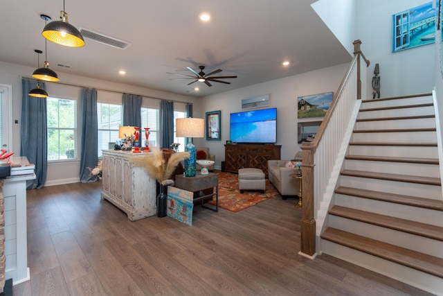 397 Woodgate Way, Summerville, SC 29485 - living room with ceiling fan, stairs, dark wood-style floors, and visible vents