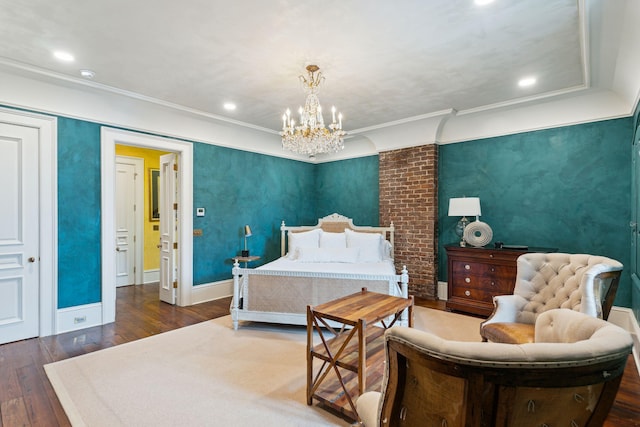 bedroom with baseboards, dark wood finished floors, ornamental molding, a notable chandelier, and recessed lighting