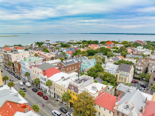 drone / aerial view with a water view