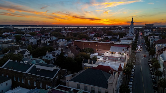 view of aerial view at dusk