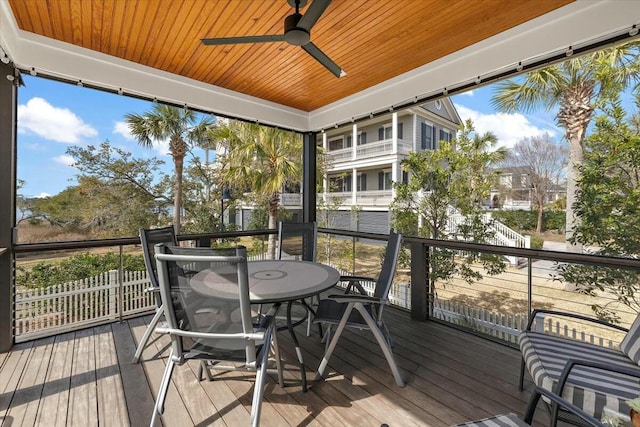 sunroom with wood ceiling and ceiling fan