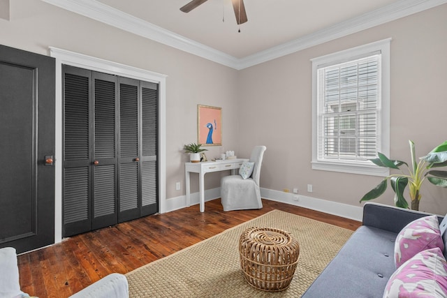 51/2 Kracke St Unit A, Charleston, SC 29403 - home office with crown molding, wood finished floors, a ceiling fan, and baseboards