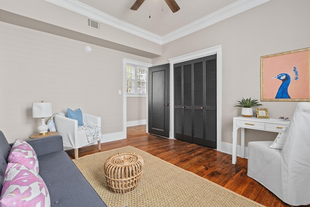51/2 Kracke St Unit A, Charleston, SC 29403 - living room with wood finished floors, ornamental molding, ceiling fan, and baseboards