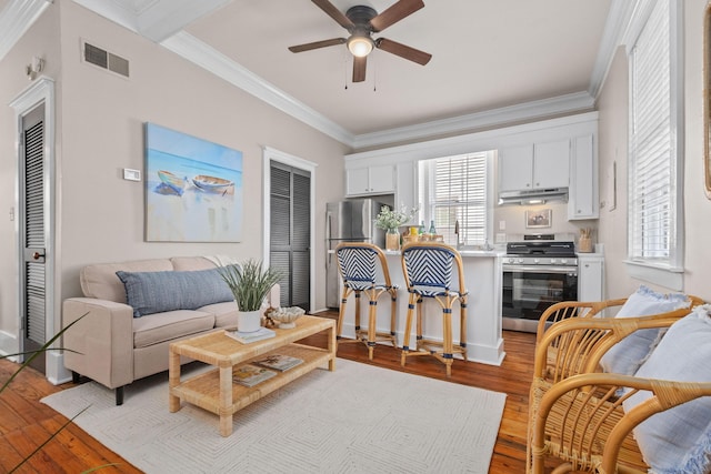 51/2 Kracke St Unit A, Charleston, SC 29403 - living room featuring a ceiling fan, light wood-style floors, crown molding, and baseboards