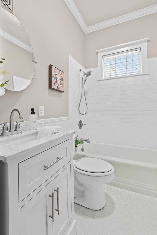 51/2 Kracke St Unit A, Charleston, SC 29403 - full bathroom featuring toilet, crown molding, bathing tub / shower combination, vanity, and wainscoting