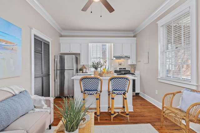 51/2 Kracke St Unit A, Charleston, SC 29403 - kitchen with stainless steel appliances, under cabinet range hood, light countertops, crown molding, and white cabinetry