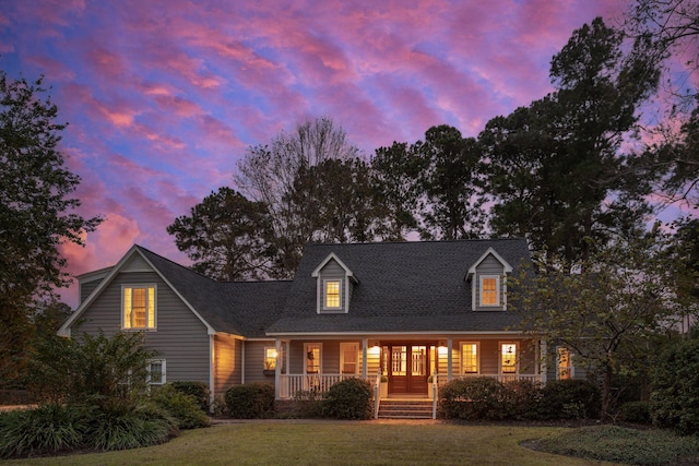 new england style home with a lawn and a porch