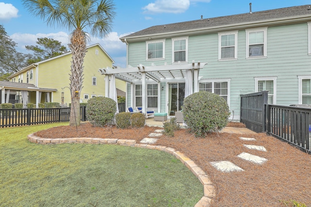 exterior space featuring outdoor lounge area, a lawn, and a pergola