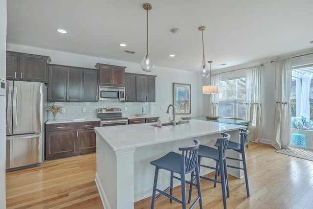 kitchen featuring pendant lighting, sink, a kitchen island with sink, stainless steel appliances, and dark brown cabinetry