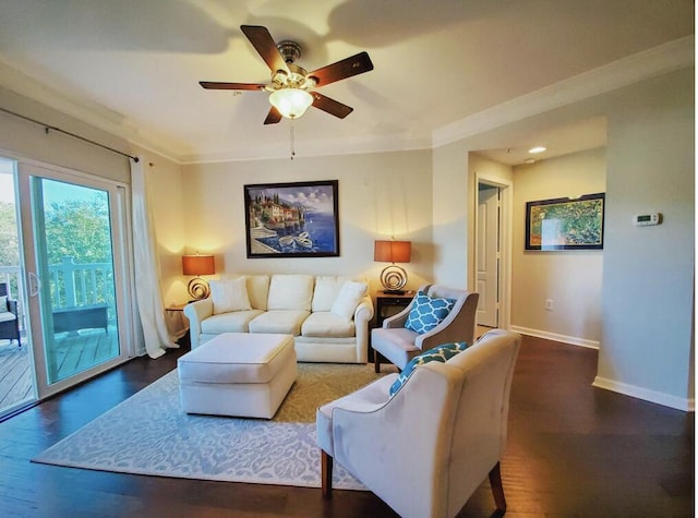 living room with crown molding, ceiling fan, and dark hardwood / wood-style flooring