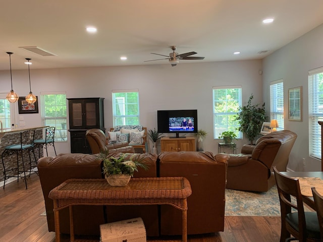 3808 Tupelo Branch Row, Mount Pleasant, SC 29429 - living area with dark wood-type flooring, healthy amount of natural light, a ceiling fan, and recessed lighting