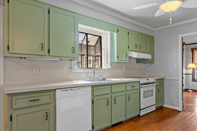 4075 Brown St, Orangeburg, SC 29118 - kitchen featuring white appliances, a sink, crown molding, wood finished floors, and light countertops
