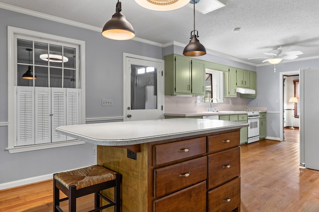 4075 Brown St, Orangeburg, SC 29118 - kitchen with green cabinetry, white electric range oven, under cabinet range hood, crown molding, and a ceiling fan