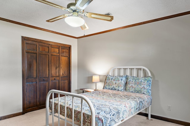 4075 Brown St, Orangeburg, SC 29118 - bedroom featuring light colored carpet, baseboards, crown molding, ceiling fan, and a closet