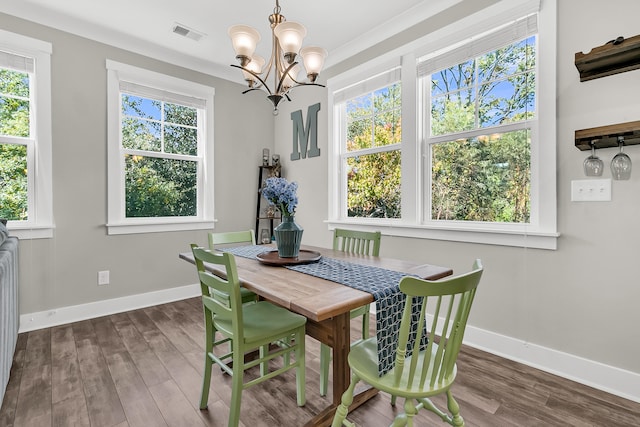 dining room featuring a wealth of natural light, a chandelier, and hardwood / wood-style flooring