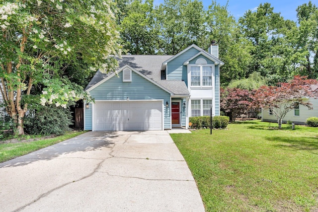 2773 Forest Dew Ct, Charleston, SC 29414 - traditional-style home featuring a chimney, a garage, a front yard, driveway, and a shingled roof