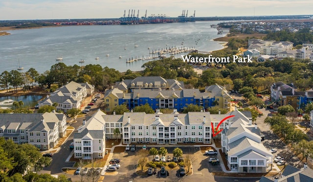 drone / aerial view featuring a water view