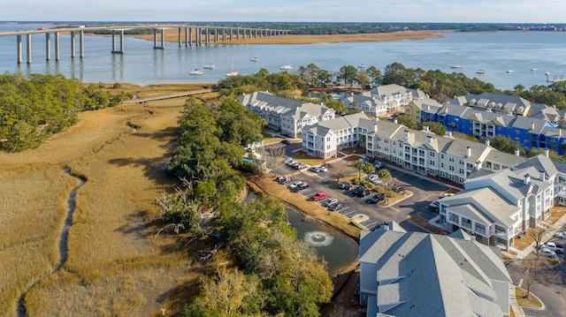 drone / aerial view featuring a water view