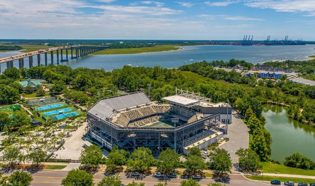 drone / aerial view with a water view