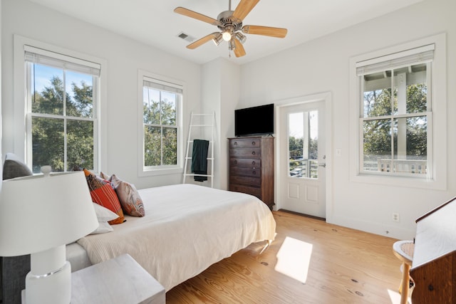 bedroom featuring ceiling fan and light wood-type flooring