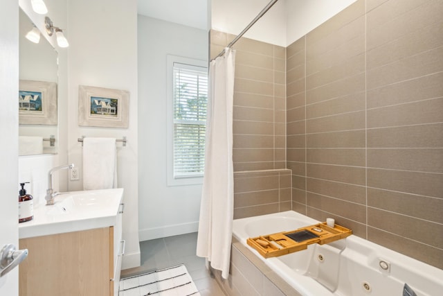 bathroom with tile patterned floors, shower / bathtub combination with curtain, and vanity