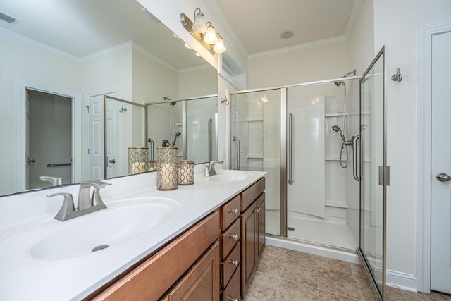 1607 Roustabout Way, Charleston, SC 29414 - bathroom featuring crown molding, a stall shower, and double vanity