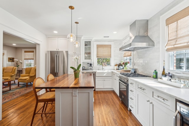 kitchen with sink, a kitchen island, wall chimney exhaust hood, a kitchen breakfast bar, and premium appliances