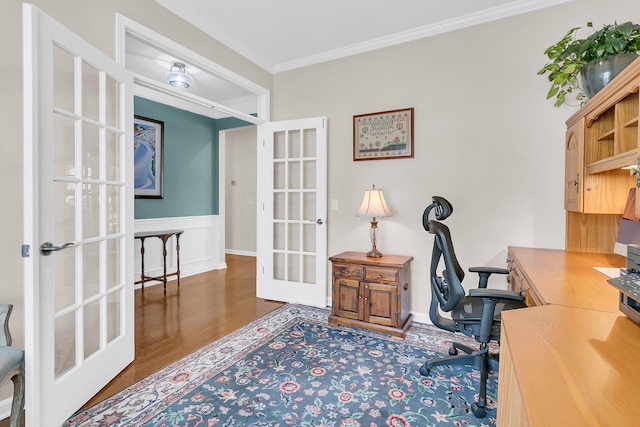 office area with french doors, wood finished floors, and crown molding