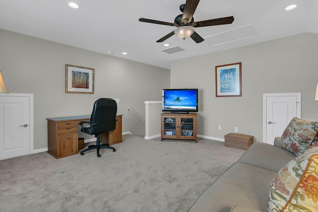 office area featuring visible vents, baseboards, ceiling fan, light carpet, and recessed lighting