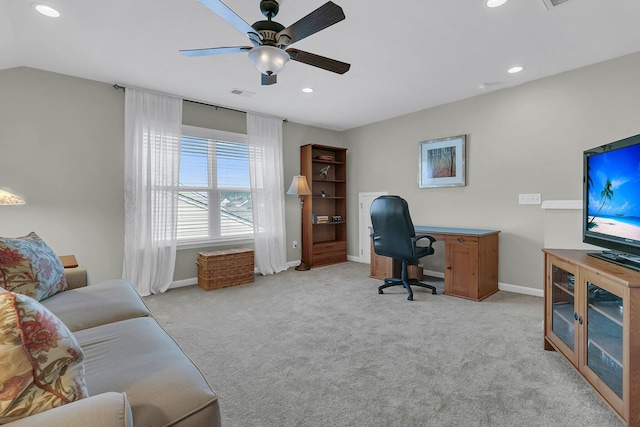 office space with recessed lighting, visible vents, light colored carpet, and ceiling fan