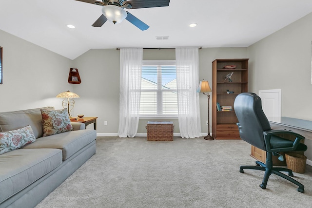 carpeted office space with baseboards, visible vents, recessed lighting, ceiling fan, and vaulted ceiling