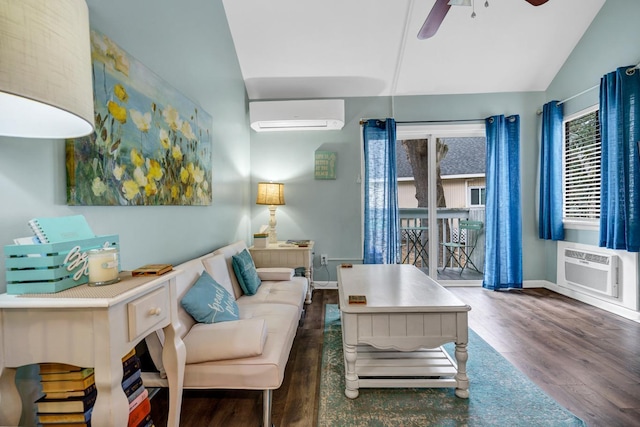 living room featuring an AC wall unit, ceiling fan, dark wood-type flooring, and lofted ceiling