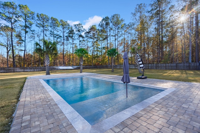 view of swimming pool featuring a fenced backyard, a patio, a fenced in pool, and a yard