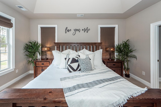 carpeted bedroom with multiple windows, visible vents, and baseboards