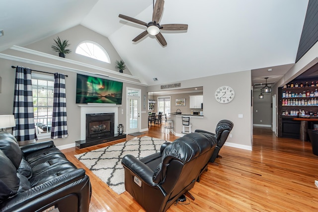 living room with a fireplace with raised hearth, a dry bar, light wood-style floors, and a healthy amount of sunlight