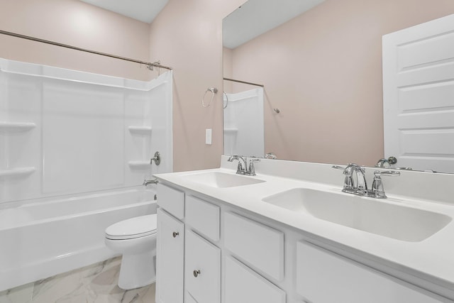 full bathroom featuring vanity,  shower combination, and toilet