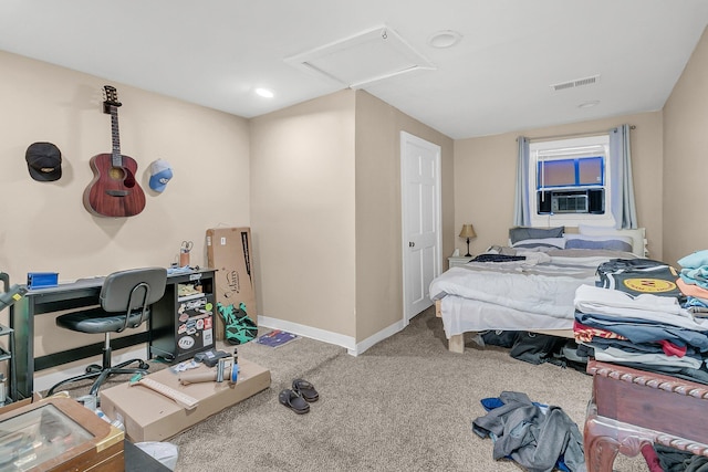 bedroom featuring cooling unit and carpet floors