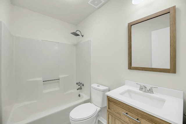 full bathroom with toilet,  shower combination, vanity, and visible vents