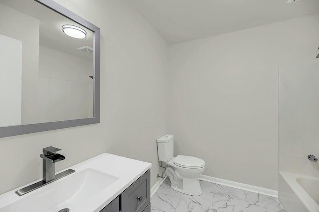 full bath featuring marble finish floor, visible vents, toilet, vanity, and baseboards