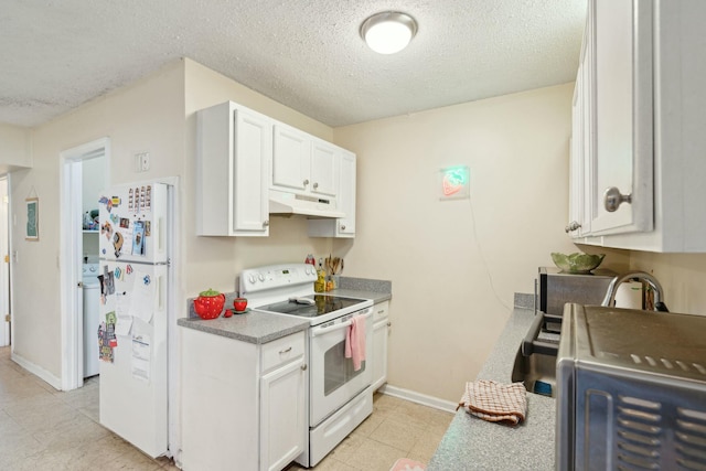 kitchen featuring a textured ceiling, white appliances, white cabinets, and under cabinet range hood