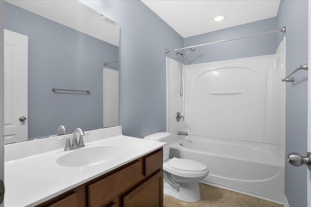 full bathroom featuring tile patterned floors, vanity,  shower combination, and toilet