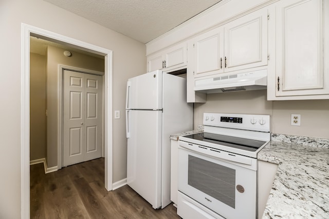 kitchen with a textured ceiling, white cabinetry, dark hardwood / wood-style floors, and white appliances