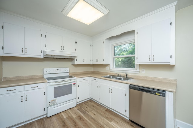 kitchen featuring electric stove, sink, white cabinets, and dishwasher