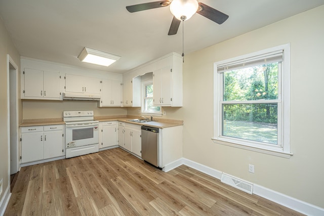 kitchen featuring electric stove, sink, white cabinetry, dishwasher, and light hardwood / wood-style floors