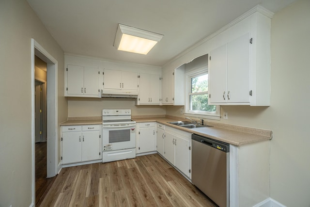 kitchen with stainless steel dishwasher, white cabinetry, and electric range